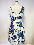 MONSOON IVORY & BLUE FLORAL PRINT SLEEVELESS FIT & FLARE DRESS SIZE 14