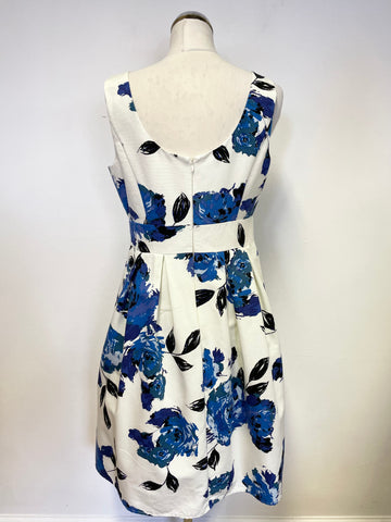 MONSOON IVORY & BLUE FLORAL PRINT SLEEVELESS FIT & FLARE DRESS SIZE 14