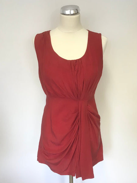 TED BAKER RED SILK SCOOP NECK PLEATED DRAPE SLEEVELESS TUNIC TOP SIZE 2 UK 10/12