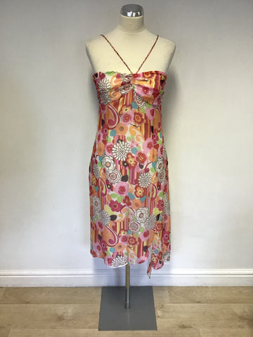 KAREN MILLEN MULTI COLOURED PRINT SILK STRAPPY DRESS SIZE 12