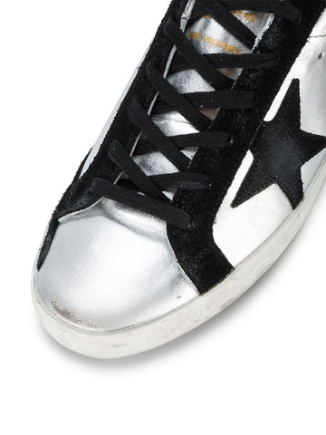 BRAND NEW GOLDEN GOOSE SUPERSTAR SILVER METALLIC & BLACK SUEDE TRIM TRAINERS SIZE 7.5/41 BUT FIT UK 7