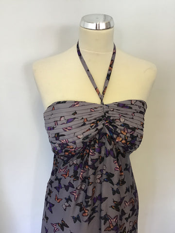 TED BAKER GREY BUTTERFLY PRINT SILK HALTER NECK / STRAPLESS MAXI  DRESS SIZE 1 UK 8