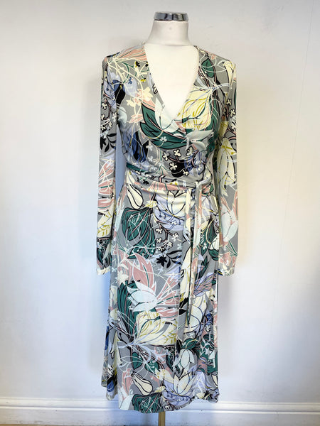 BRAND NEW MONSOON PALE GREY & MULTI COLOURED PRINT LONG SLEEVE WRAP DRESS SIZE 12