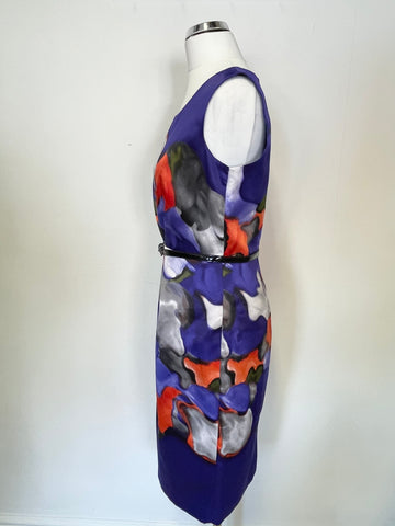 PRECIS PURPLE,ORANGE & GREY PATTERNED SLEEVELESS BELTED PENCIL DRESS SIZE 8