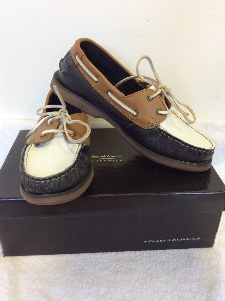 BRAND NEW SAMUEL WINDSOR NAVY BLUE TAN WHITE LEATHER DECK SHOES SIZE Whispers Dress Agency
