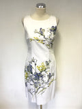 HOBBS INVITATION WHITE FLORAL PRINT PENCIL DRESS & BLUE BOLERO CARDIGAN SIZE 10