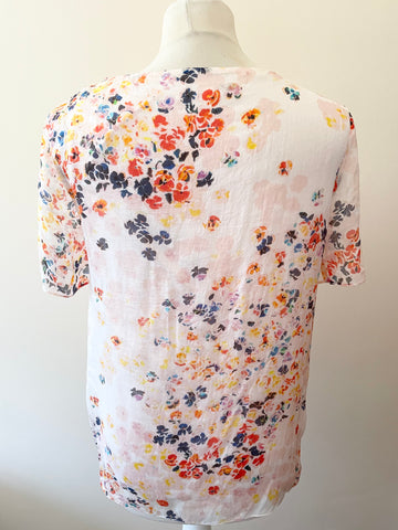 LK BENNETT RANIA MULTICOLOURED FLORAL PRINT SHORT SLEEVE SILK TOP SIZE 10
