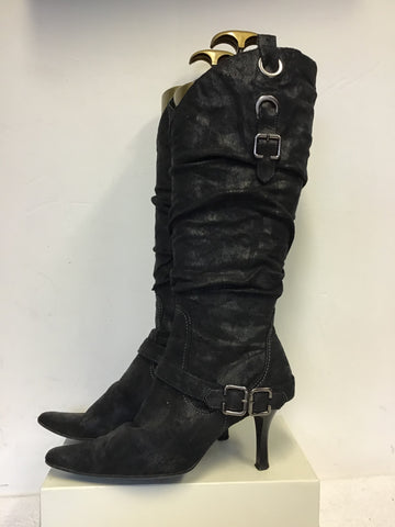 MARCO TOZZI BLACK SUEDETTE BUCKLE TRIM KNEE LENGTH BOOTS SIZE 7/40