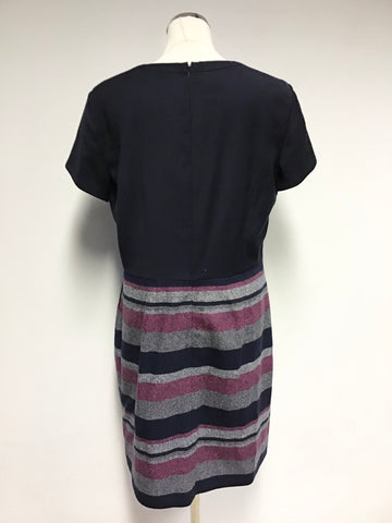 HOBBS NW3 NAVY BLUE,PINK & GREY MARL STRIPE WOOL BLEND SHIFT DRESS SIZE 16