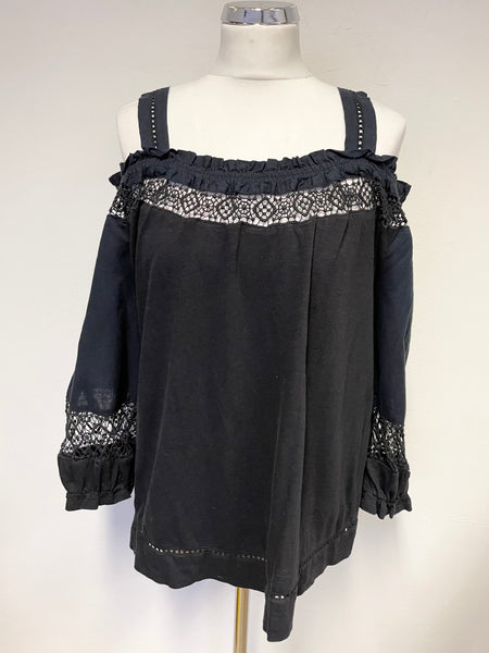 WHISTLES BLACK COLD SHOULDER COTTON TOP WITH CROCHET TRIM SIZE 12