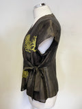 MONSOON SILK BROWN & LIME GREEN APPLIQUÉ WRAP AROUND TOP & A LINE SKIRT SIZE 14
