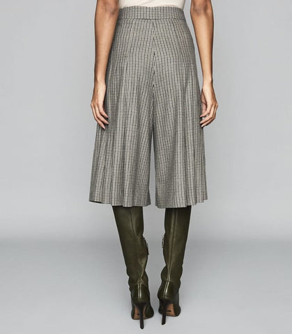 REISS WOOL BLEND GREY WITH NAVY & GREEN CHECK PLEATED CULLOTTES SIZE 14