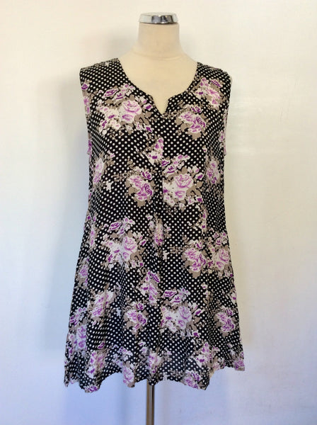 THE MASAI CLOTHING COMPANY BLACK & WHITE SPOT & PINK FLORAL PRINT TUNIC TOP SIZE S