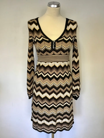 KAREN MILLEN BROWN, BLACK & CREAM ZIG ZAG KNIT DRESS SIZE 1 UK 8/10