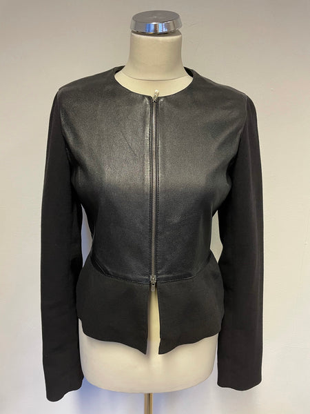 LK BENNETT BLACK RIBBON CAPSULE COLLECTION BLACK LEATHER & WOOL ZIP UP JACKET SIZE 10