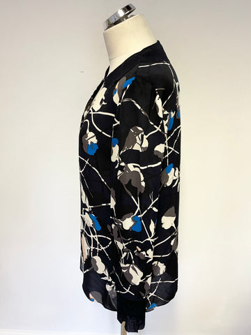 JIGSAW BLACK FLORAL PRINT COLLARED V NECKLINE LONG SLEEVE  TOP SIZE S