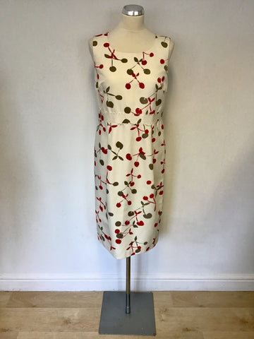 FENN WRIGHT MANSON IVORY WITH RED & GREY CHERRY PRINT DRESS & COAT SUIT SIZE 12