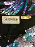 SERENADE BLACK SILK WITH PURPLE & GREEN SEQUINS COCKTAIL DRESS SIZE M