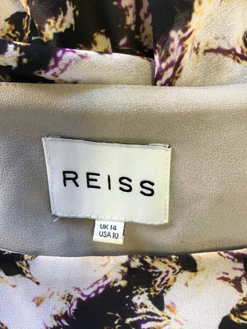REISS BLACK,CREAM & GOLD PRINT CAP SLEEVE FIT & FLARE DRESS SIZE 14