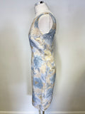GINA BACCONI BLUE & LEMON FLORAL PRINT SLEEVELESS PENCIL DRESS SIZE 10