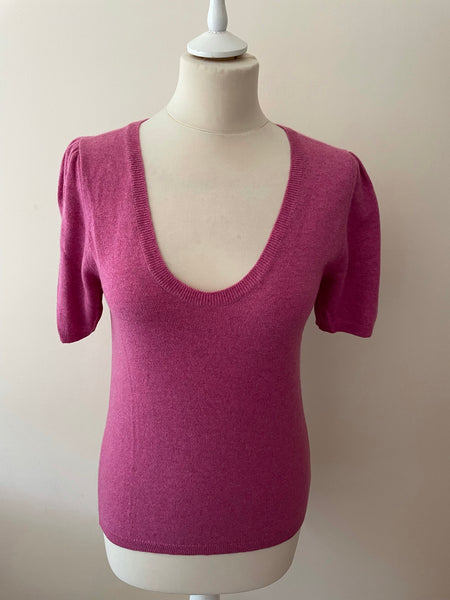 BRORA PINK 100% CASHMERE SCOOP NECK SHORT SLEEVE JUMPER SIZE 10