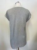 MARCCAIN GREY WITH SILK FRONT CRANE PRINT CAP SLEEVE TOP SIZE 2 UK 10/12