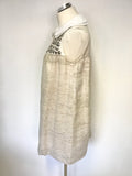 TARA JARMON CREAM & BEIGE SILK BLEND BEADED TRIM SLEEVELESS SHIFT DRESS SIZE 42 UK 14