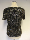 PHASE EIGHT BLACK & GOLD SEQUINNED SHORT SLEEVE TOP SIZE 10