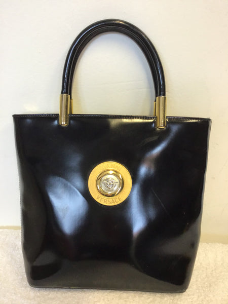 VINTAGE GIANNI VERSACE BLACK SHINY LEATHER TOP HANDLE BAG