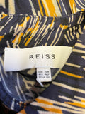 REISS LILIA NAVY BLUE & ORANGE FEATHER PRINT LONG SLEEVE FIT & FLARE DRESS SIZE 14