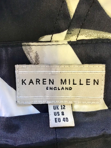 KAREN MILLEN BLACK,IVORY & GREY BOW PRINT STRAPLESS OCCASION DRESS SIZE 12