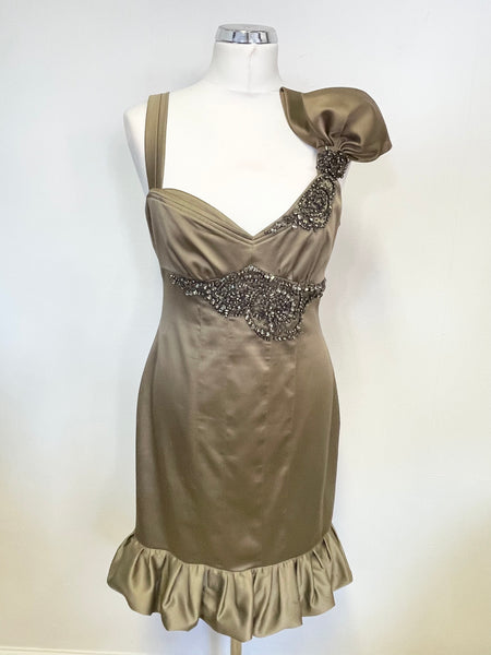 KAREN MILLEN BRONZE SATIN JEWEL EMBELLISHED SPECIAL OCCASION DRESS SIZE 12