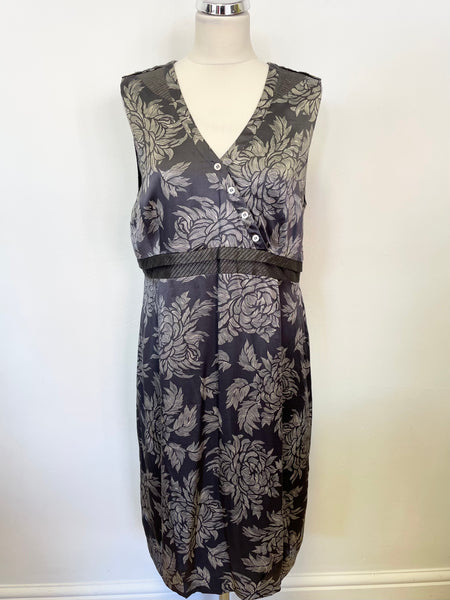 WHISTLES GREY & SILVER FLORAL PRINT SILK SLEEVELESS SHIFT DRESS SIZE 16