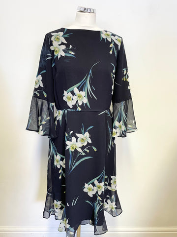 HOBBS NAVY BLUE FLORAL PRINT 3/4 SLEEVE FRILL TRIM SPECIAL OCCASION DRESS SIZE 12