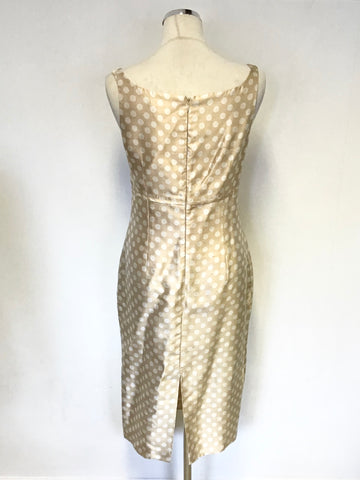 LK BENNETT GOLD & WHITE SPOT SILK BLEND SPECIAL OCCASION PENCIL DRESS & JACKET SIZE 10