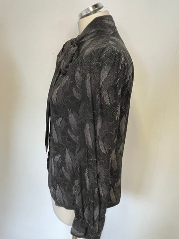 TED BAKER BLACK & WHITE PRINT SILK TIE NECK LONG SLEEVE BLOUSE SIZE 2 UK 10/12