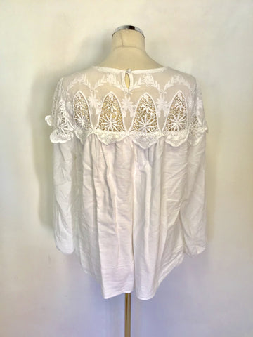 WHITE STUFF WHITE EMBROIDERED & LACE TRIM LONG SLEEVE TOP SIZE 16