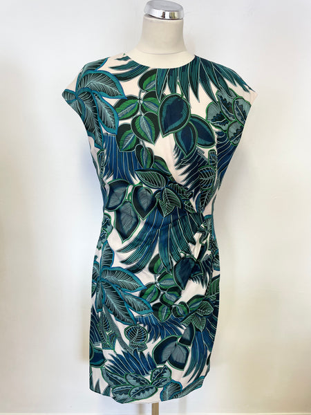 WHISTLES BLUE & GREEN LEAF PRINT SILK CAP SLEEVE SHEATH DRESS SIZE 16