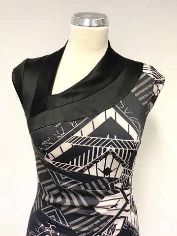 KAREN MILLEN BLACK,CREAM & BROWN PRINT CAP SLEEVE PENCIL DRESS SIZE 12