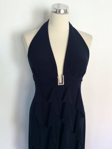 BETSY & ADAM BYLINDA BERNELL NAVY BLUE LONG FRILL TRIM EVENING DRESS SIZE 10