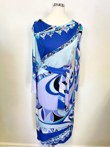 EMILIO PUCCI BLUE,LILAC & TURQOUISE SHADES PRINT 3/4 SLEEVE BELTED SPECIAL OCCASION DRESS SIZE 10