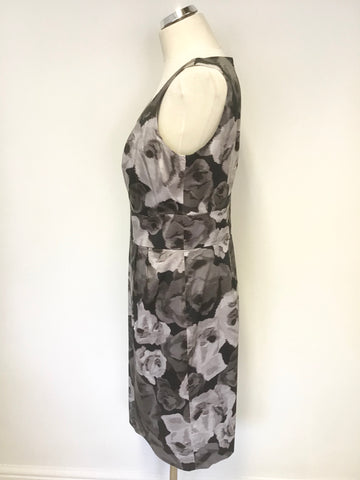 HOBBS INVITATION BLACK & GREY FLORAL PRINT SLEEVELESS PENCIL DRESS SIZE 14