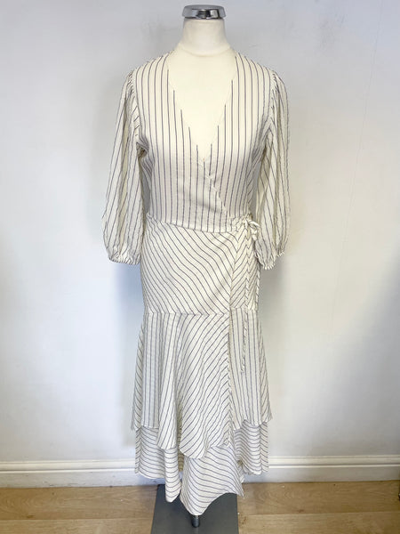 GANNI IVORY WITH BLACK PINSTRIPE SILK 3/4 SLEEVE WRAP DRESS SIZE 34 UK 6,8,10