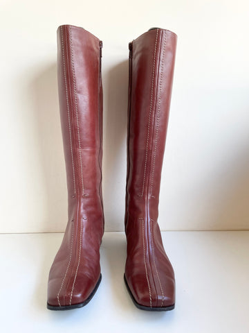 ECCO CHESTNUT BROWN LEATHER KNEE LENGTH LOW HEEL BOOTS SIZE 5/38