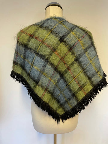 VINTAGE ANDREW STEWART BLUE & GREEN CHECK MOHAIR & WOOL SHORT CAPE/PONCHO SIZE S/M