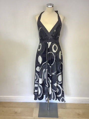 MONSOON NAVY BLUE & IVORY PRINT HALTERNECK DRESS SIZE 10