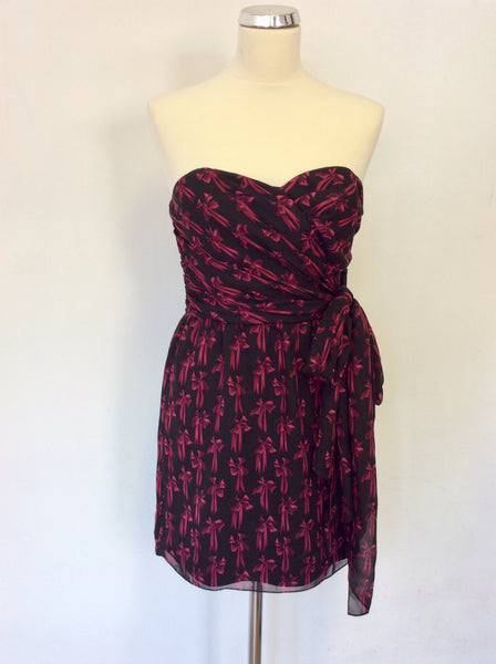TED BAKER BLACK & PINK BOW PRINT STRAPLESS TOP SIZE 1 UK 8