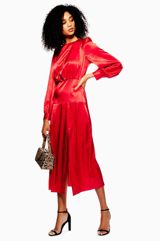 BRAND NEW TOPSHOP RED SATIN LONG SLEEVE MIDI DRESS SIZE 12