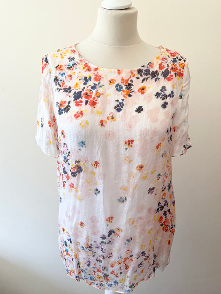 LK BENNETT RANIA MULTICOLOURED FLORAL PRINT SHORT SLEEVE SILK TOP SIZE 10