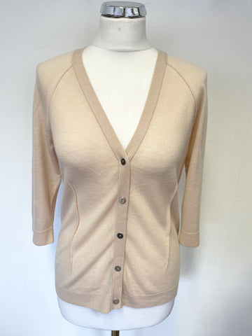 WHISTLES NUDE FINE KNIT V NECKLINE DARTED TRIM 3/4 SLEEVE CARDIGAN SIZE 4 FIT UK 10